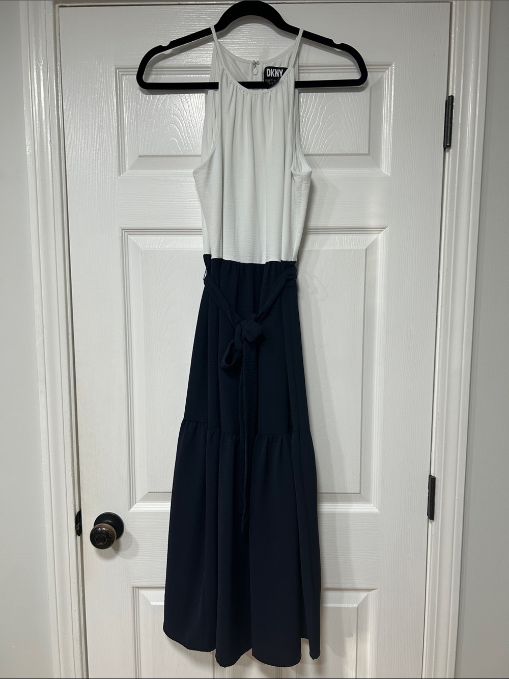 DKNY White and Navy Halter Maxi Dress with Waist Tie